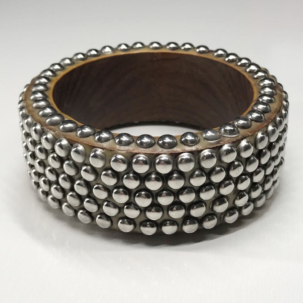 Vintage Wooden Silver Brass Dotted Studded Textured Bangle Bracelet Chunky Wide